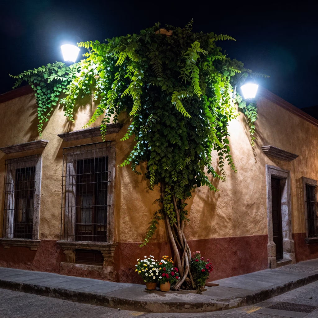Late Night Guadalajara Street Scene with Vine and Zinnias in Mexican City in in Guadalajara, Mexico