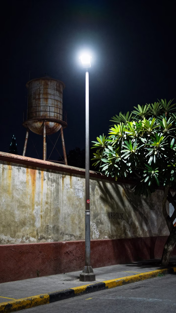 Late Night Guadalajara Street Scene with Water Tower and Plumeria Petals in in Guadalajara, Mexico