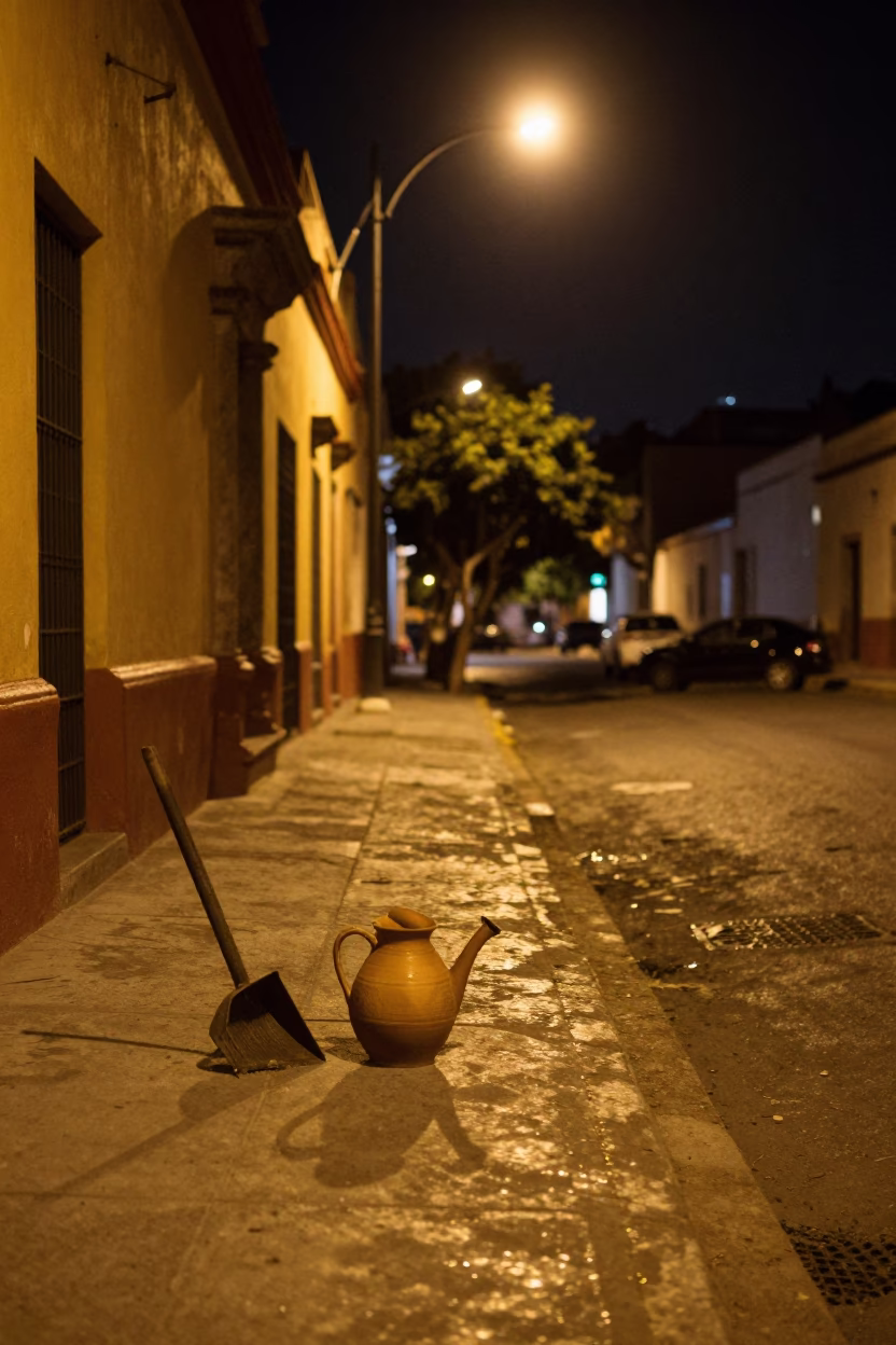 Late Night Guadalajara Street Scene with Watering Jug and Boot Scraper in in Guadalajara, Mexico