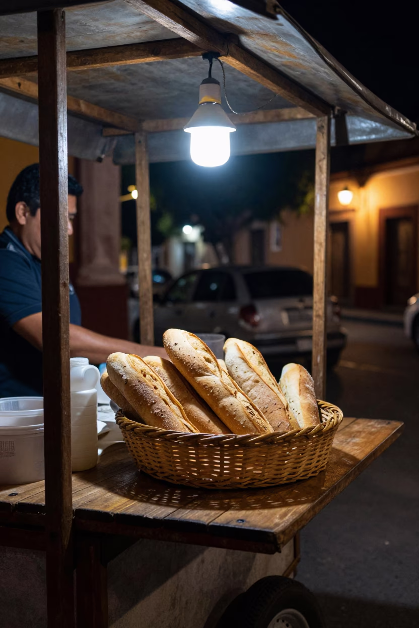 Late Night Guadalajara Street Scene with Woven Bread Basket and Majolica Plates in in Guadalajara, Mexico