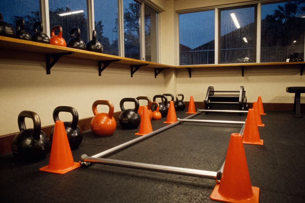 Late Night Gym Sled Track Kettlebells in at a gym check-in desk in Sangli