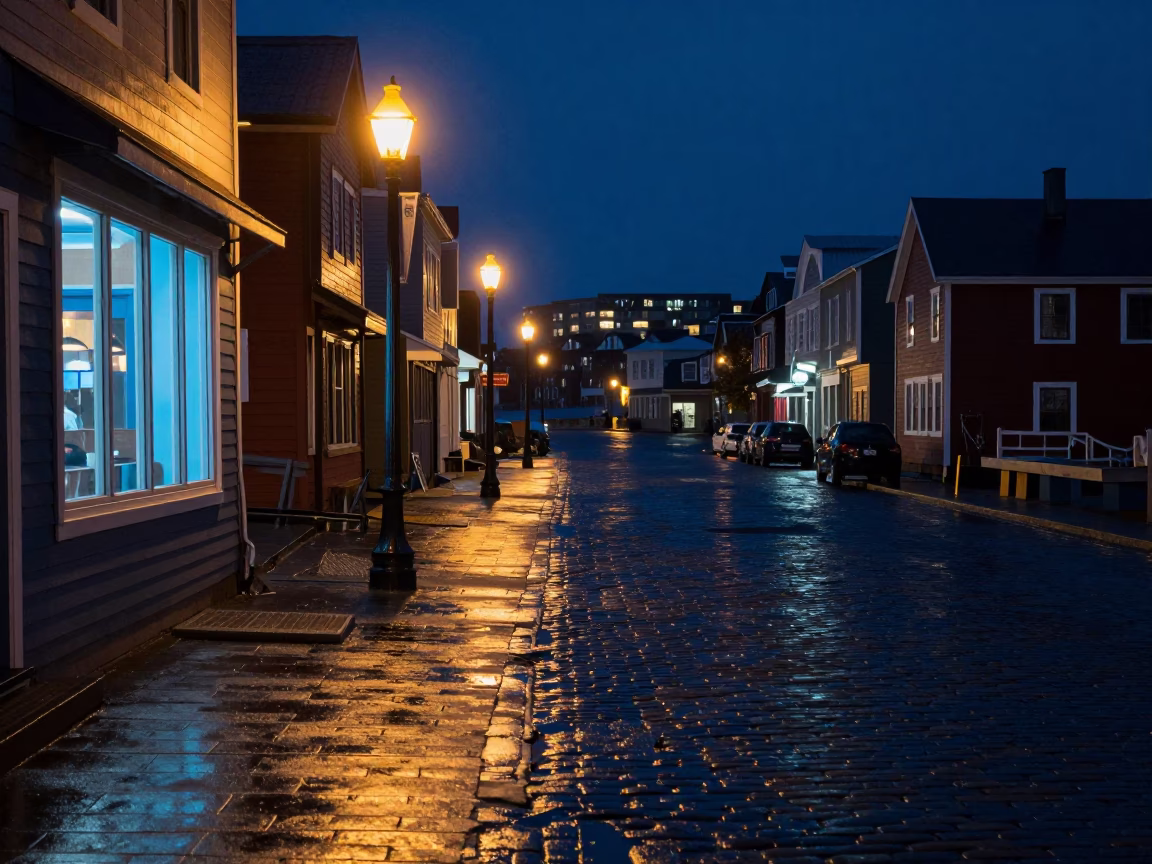 Late Night Halifax Harbor Street Scene with Damp Cobblestones and Distant City Lights in in Halifax, Nova Scotia, Canada