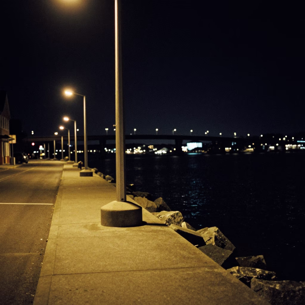 Late Night Halifax Nova Scotia Street Scene with Bridge Pier and Floodwater in in Halifax, Nova Scotia, Canada