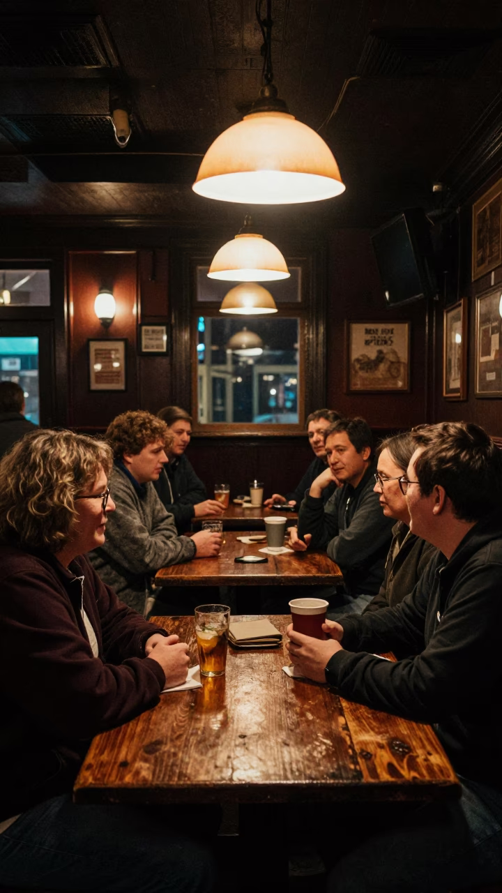 Late Night Halifax Pub Interior with Patrons and Vintage Italian Majolica Plate in in Halifax, Nova Scotia, Canada