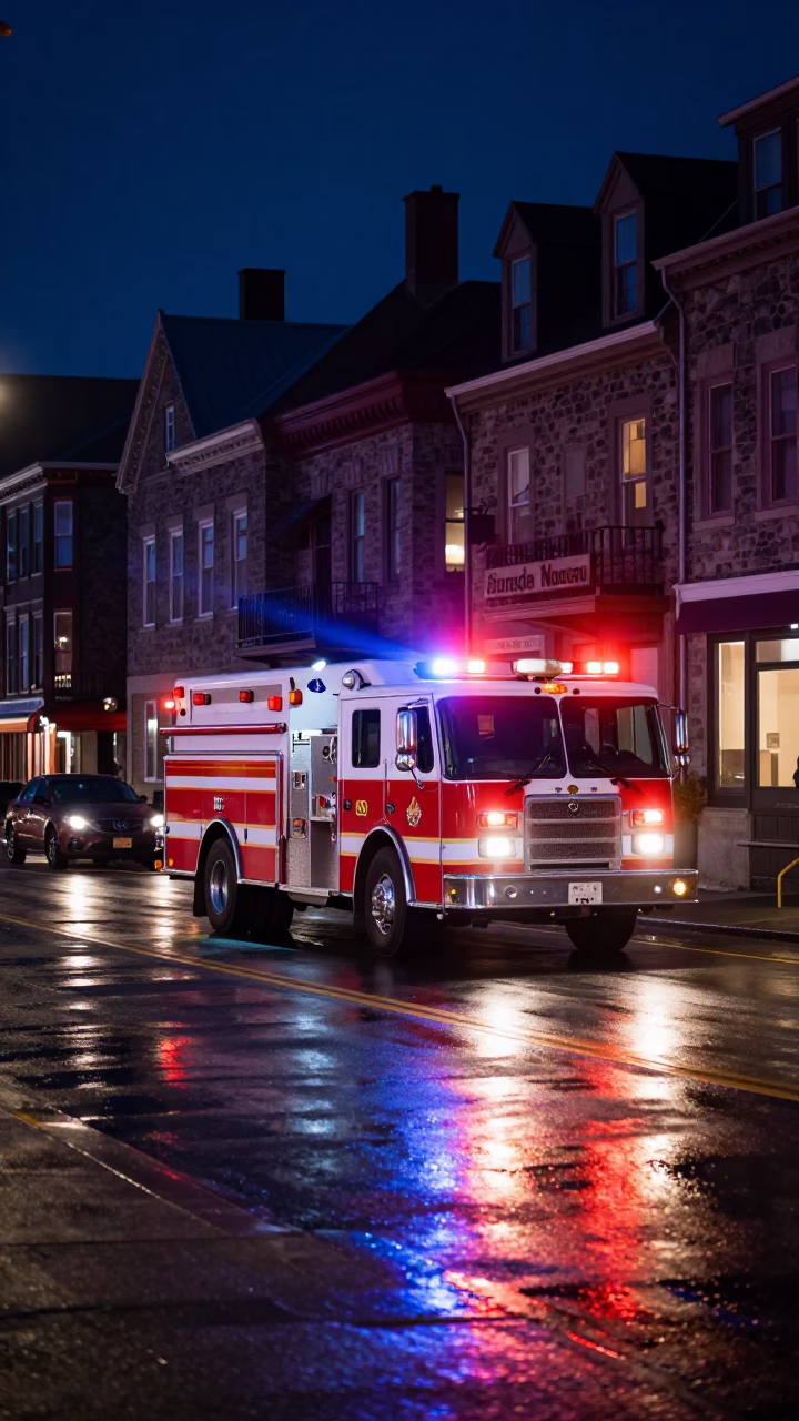 Late Night Halifax Street Scene with Fire Engine Sirens and Wet Cobblestones in in Halifax, Nova Scotia, Canada