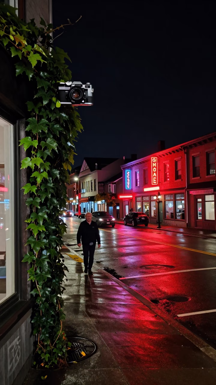 Late Night Halifax Street Scene with Ivy Vines and Urban Light Reflections in in Halifax, Nova Scotia, Canada