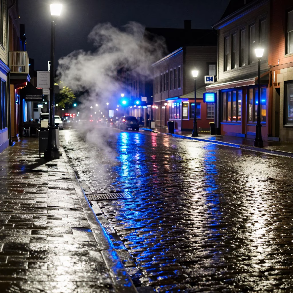 Late Night Halifax Street Scene with Neon Reflections and Urban Details in in Halifax, Nova Scotia, Canada
