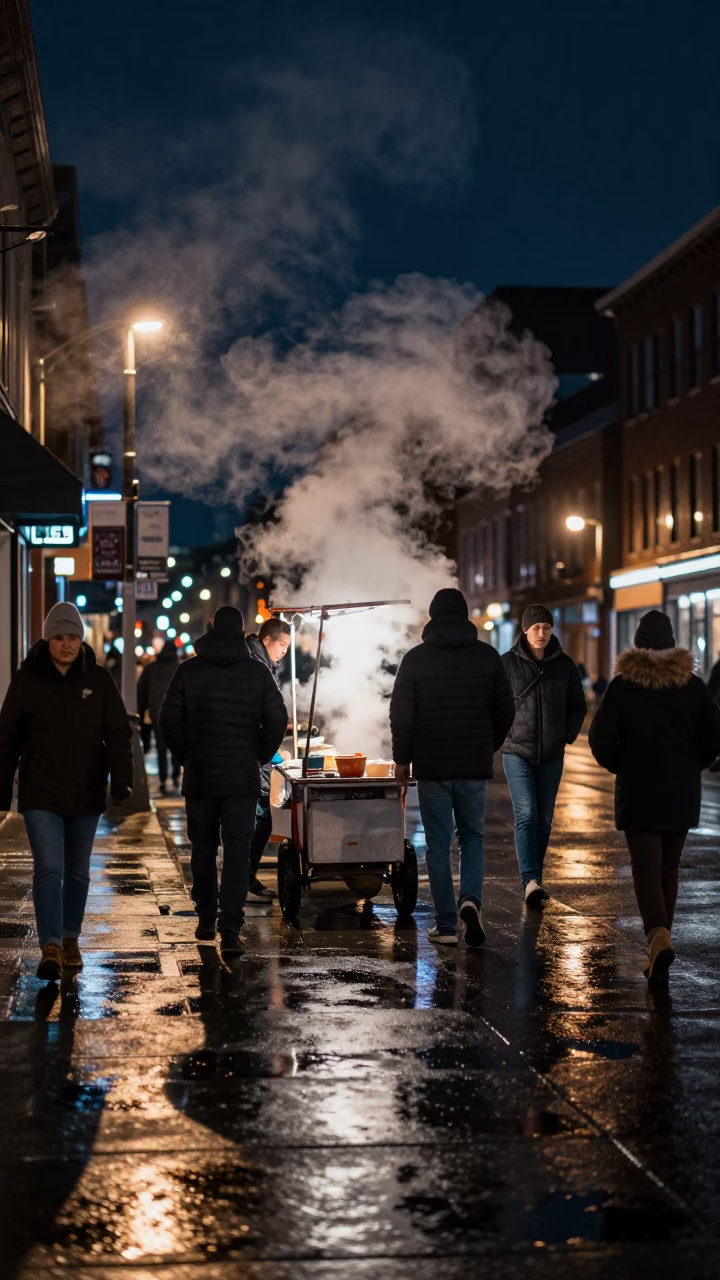 Late Night Halifax Street Scene with Steam and Urban Lights in in Halifax, Nova Scotia, Canada