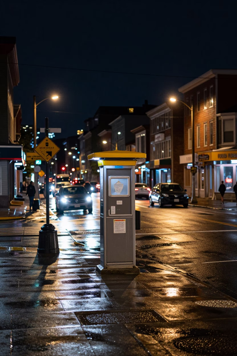 Late Night Halifax Street Scene with Valet Stand and Hotel Awning Reflections in in Halifax, Nova Scotia, Canada