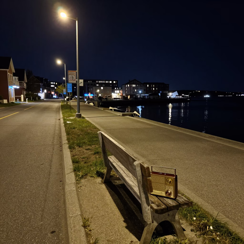 Late Night Halifax Street Scene with Vintage Radio and Steam Haze in in Halifax, Nova Scotia, Canada