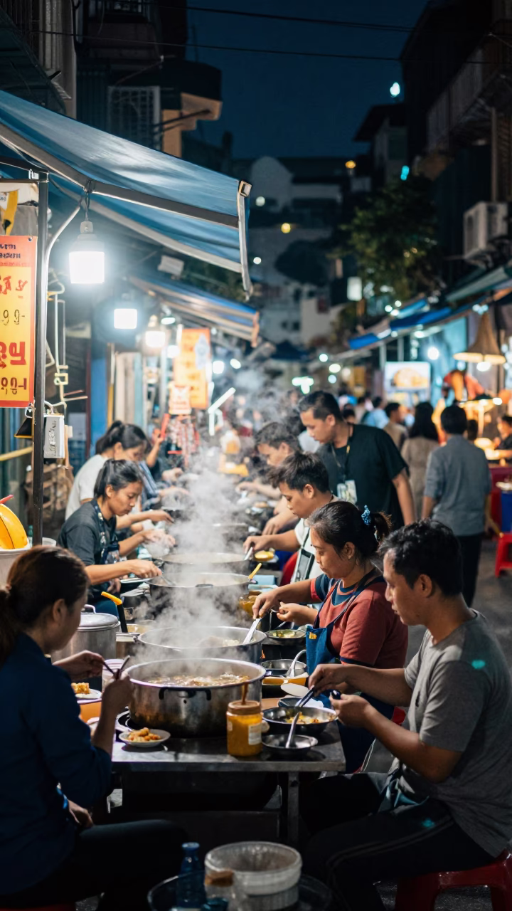 Late Night Hanoi Street Food Scene with Steam and Condensation in in Hanoi, Vietnam