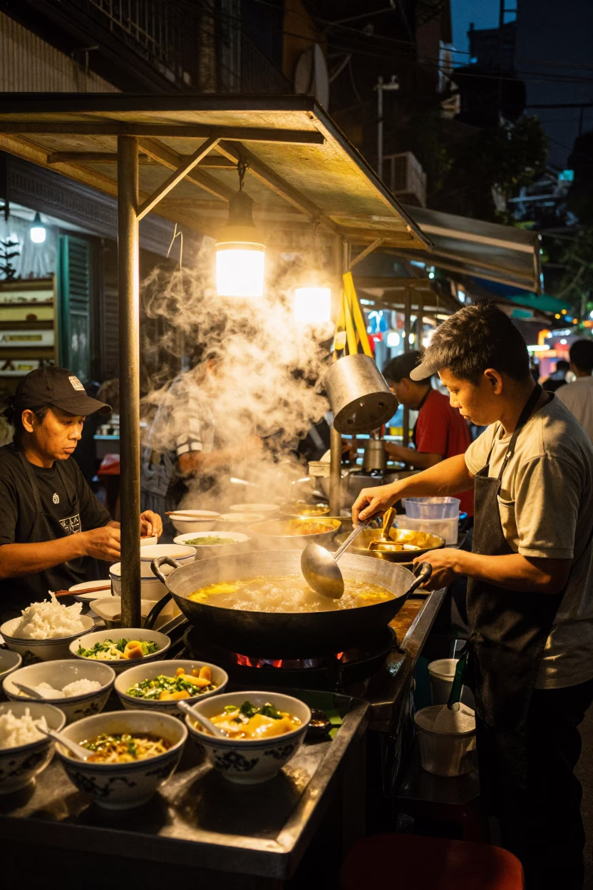 Late Night Hanoi Street Food Stall with Ceramic Bowls and Clay Pots in in Hanoi, Vietnam