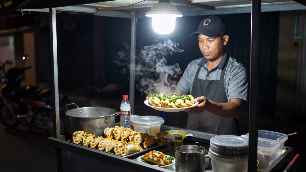 Late Night Hanoi Street Food Stall with Empanadas and Urban Drain Details in in Hanoi, Vietnam