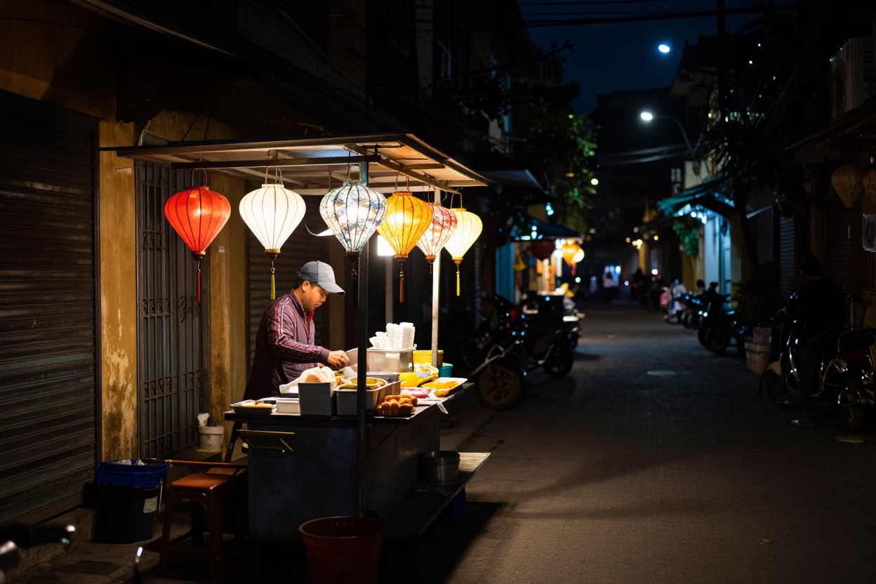 Late Night Hanoi Street Food Stall With Lanterns And Satay Skewers in in Hanoi, Vietnam