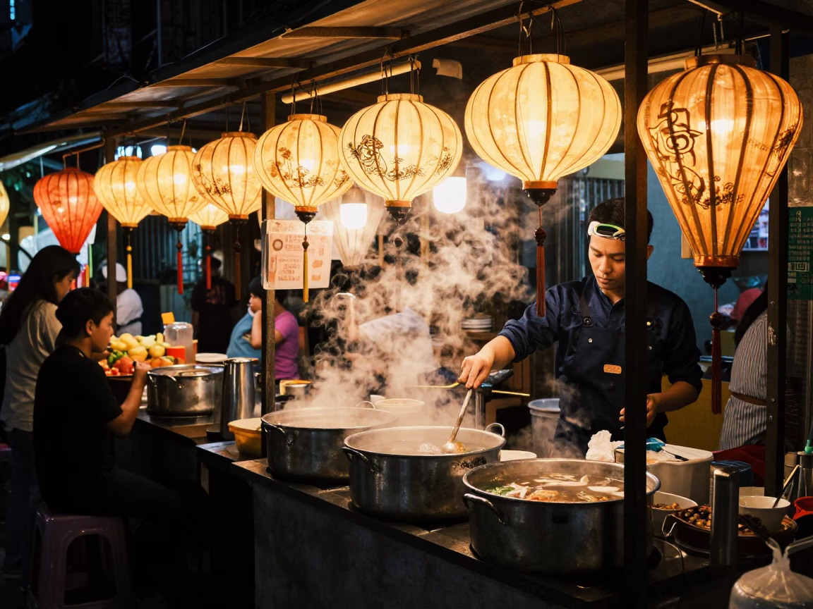 Late Night Hanoi Street Food Stall with Paper Lanterns and Commuter Life in in Hanoi, Vietnam