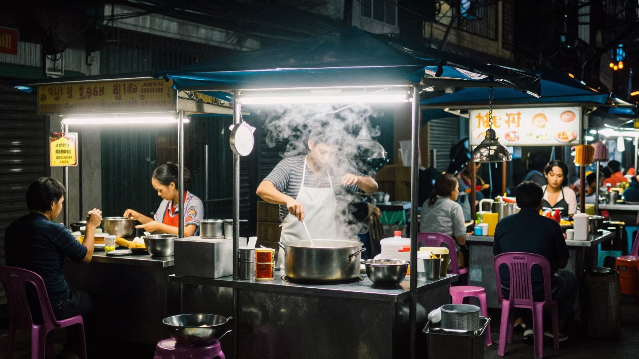 Late Night Hanoi Street Food Stall with Plastic Seating and Neon Lights in in Hanoi, Vietnam
