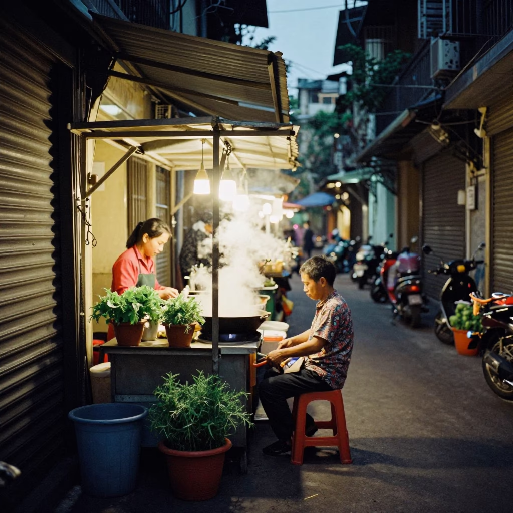 Late Night Hanoi Street Food Stall with Potted Herbs and Rusty Kettle Lid in in Hanoi, Vietnam
