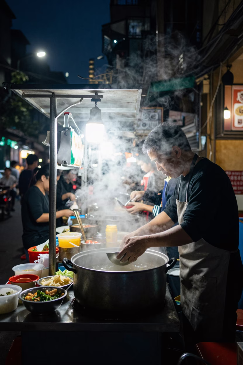 Late Night Hanoi Street Food Stall with Steam and Dragon Fruit in in Hanoi, Vietnam
