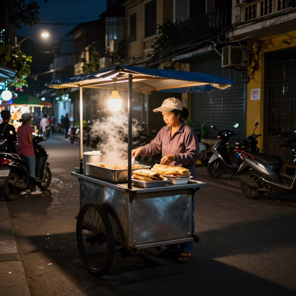 Late Night Hanoi Street Food Vendor Serving Steaming Banh Cuon Rolls to Customers in in Hanoi, Vietnam