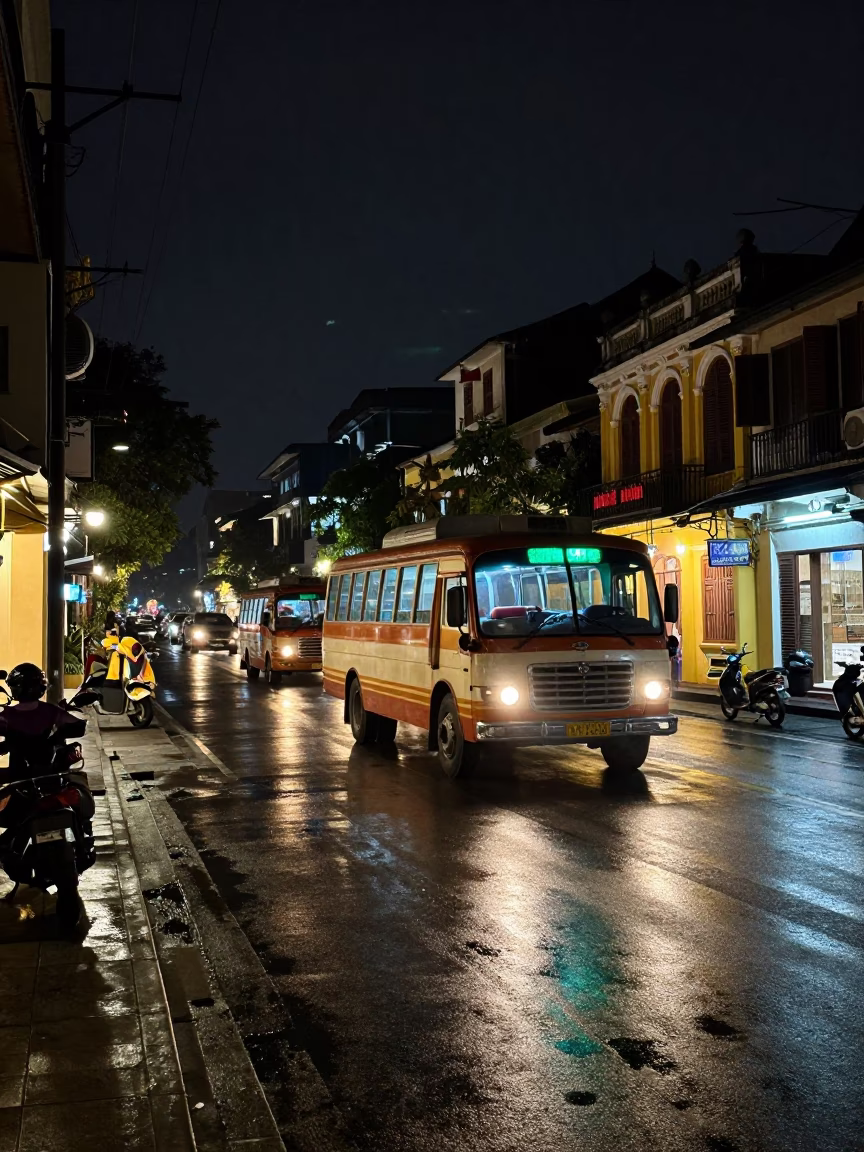Late Night Hanoi Street Scene with Classic Bus and Brushed Steel Cup in in Hanoi, Vietnam