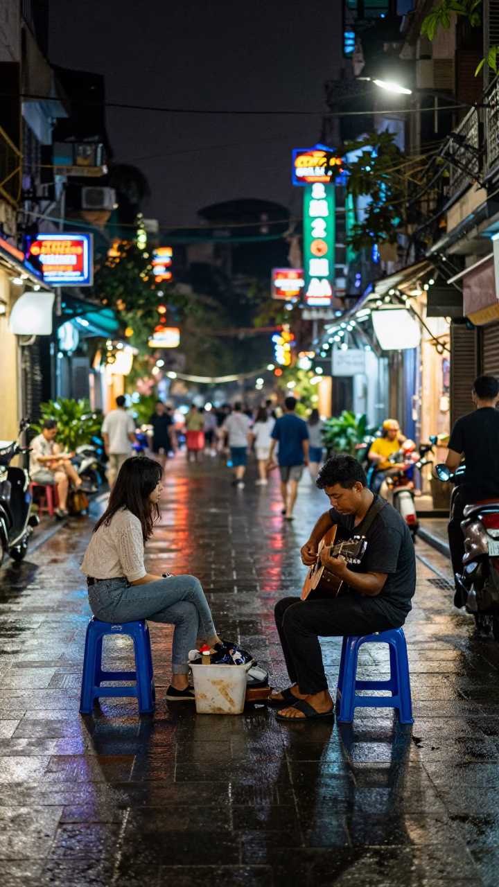 Late Night Hanoi Street Scene with Guitar and Wet Flagstones in in Hanoi, Vietnam