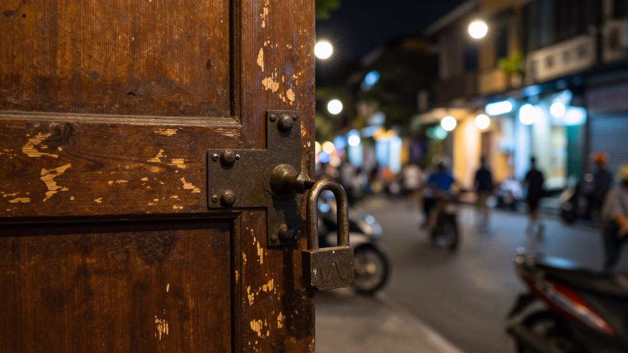 Late Night Hanoi Street Scene with Iron Deadbolt and Steam Haze in 1980s Vietnam in in Hanoi, Vietnam