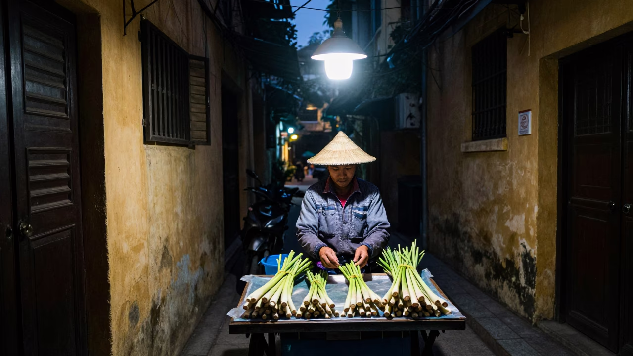 Late Night Hanoi Street Scene with Lemongrass Vendor and Neon Reflections in in Hanoi, Vietnam