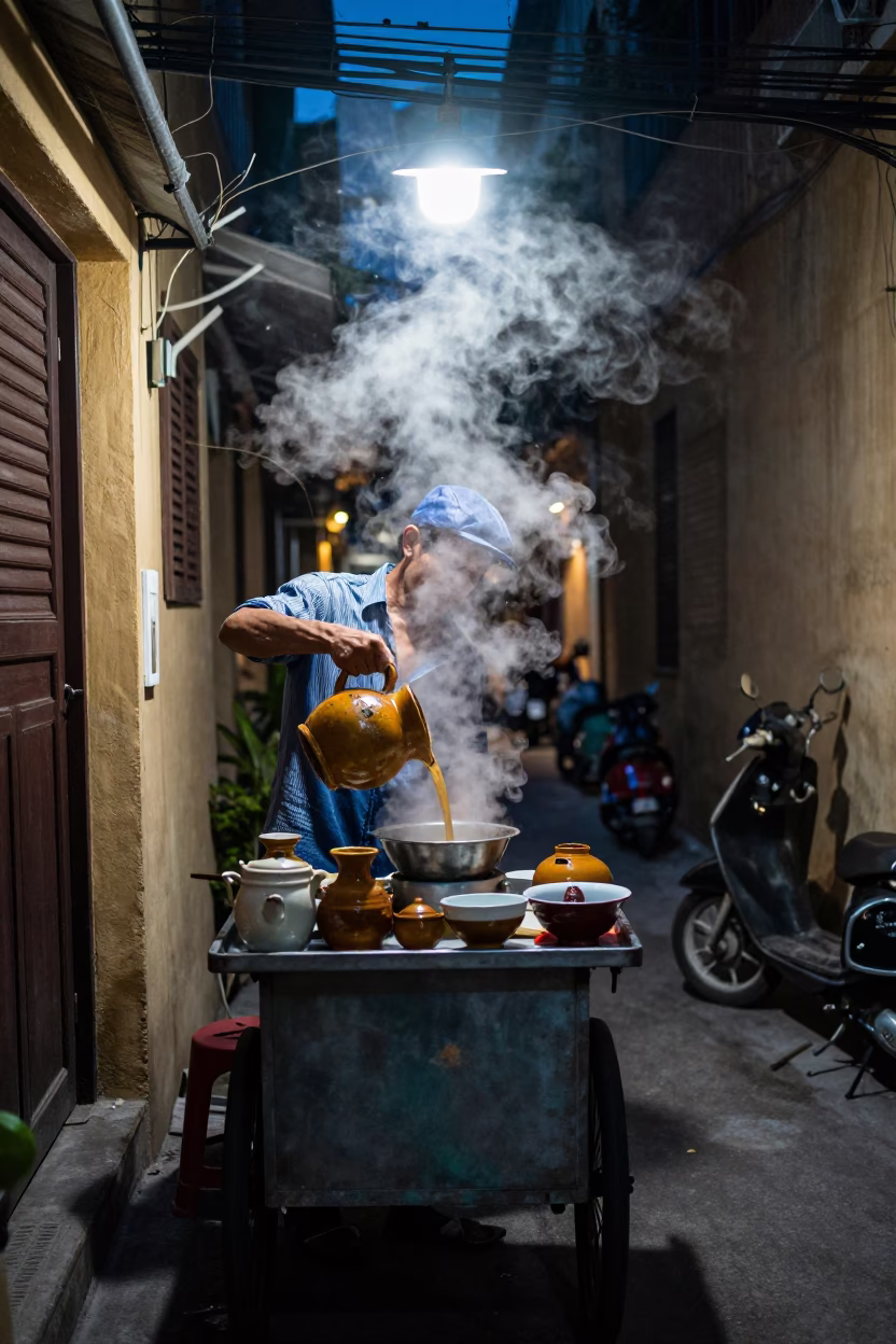 Late Night Hanoi Street Scene with Steam and Ceramic Pitcher in in Hanoi, Vietnam
