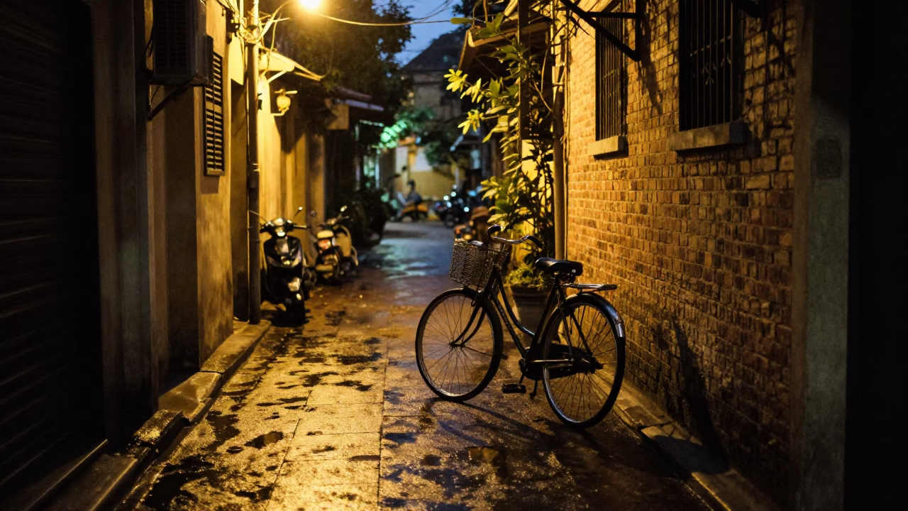 Late Night Hanoi Street Scene with Vintage Bicycle and Lantern Light in in Hanoi, Vietnam