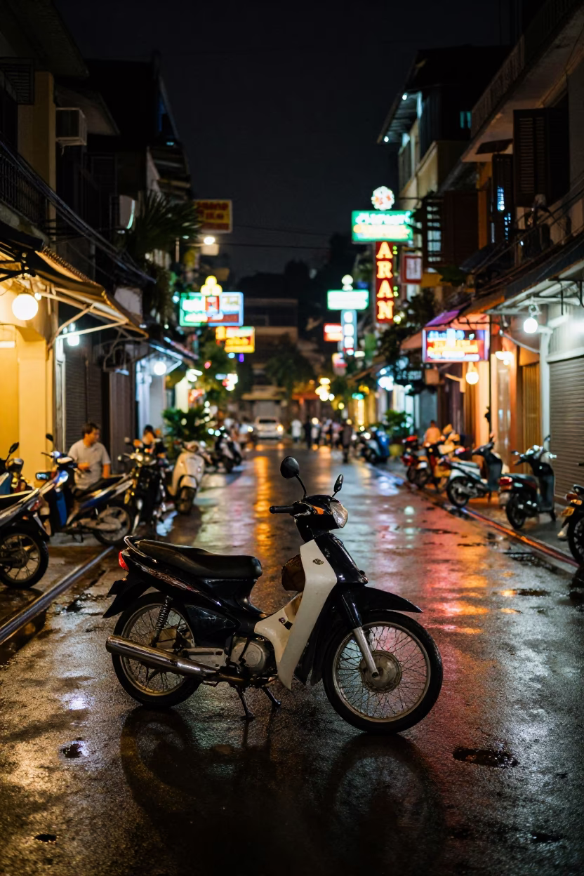 Late Night Hanoi Street Scene with Vintage Motorcycle and Neon Signage in Vietnam in in Hanoi, Vietnam