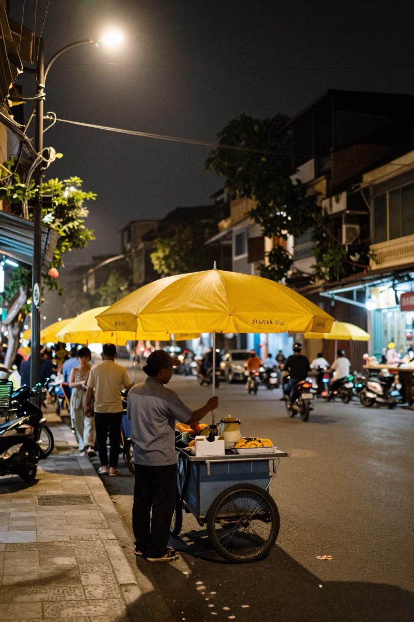 Late Night Hanoi Street Scene with Yellow Umbrellas and Scooters in in Hanoi, Vietnam