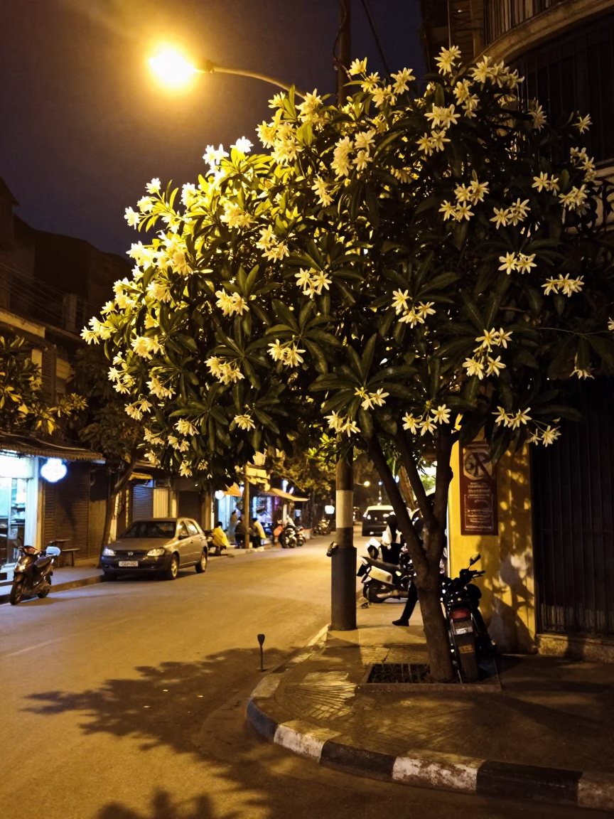 Late Night Hanoi Street Scene with Ylang-Ylang Tree and Spice Tins in in Hanoi, Vietnam