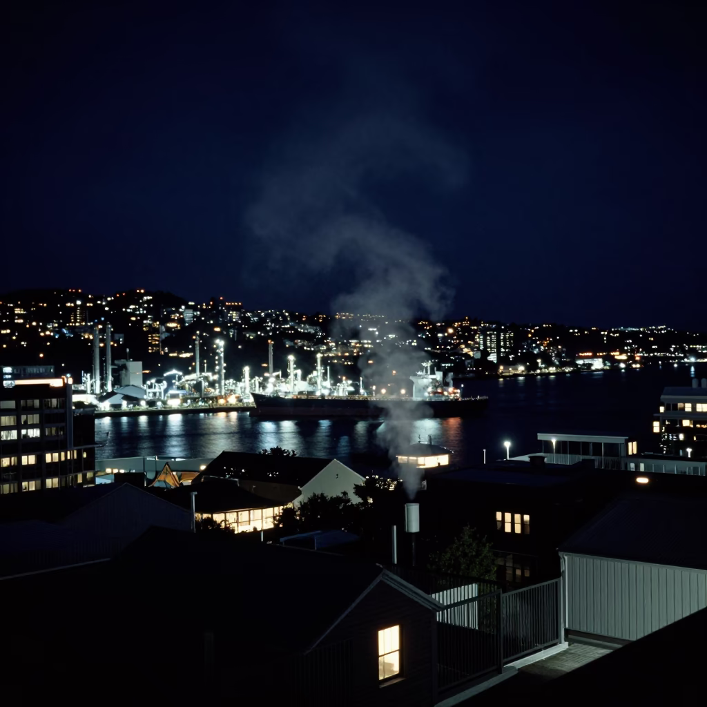 Late Night Harbor View from Wellington Rooftop with Steam Window and City Lights in in Wellington, New Zealand