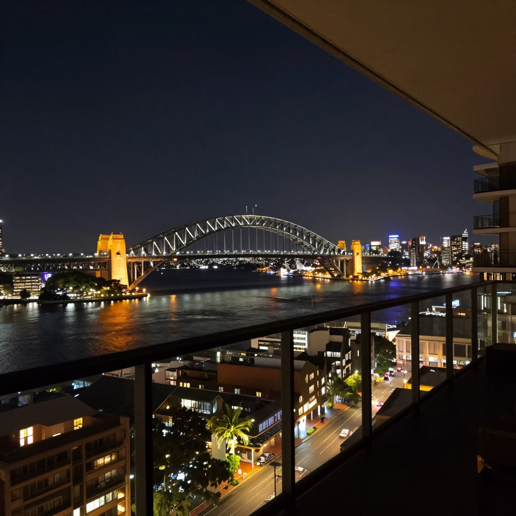 Late Night Harbour Bridge View from Balcony with Discarded Items in in Sydney, New South Wales, Australia