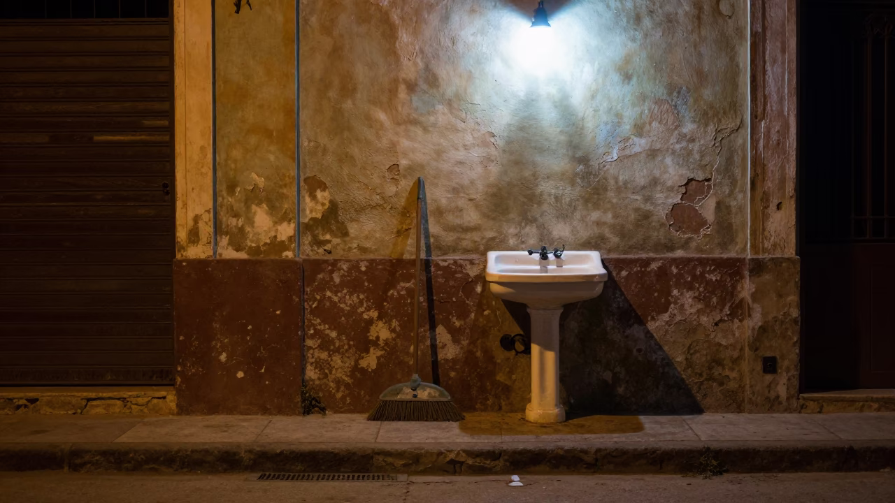 Late Night Havana Street Corner with Broom and Sink in Cuba in in Havana, Cuba