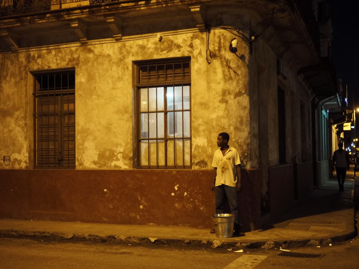 Late Night Havana Street Corner with Warm Window Light and Steel Bucket in in Havana, Cuba