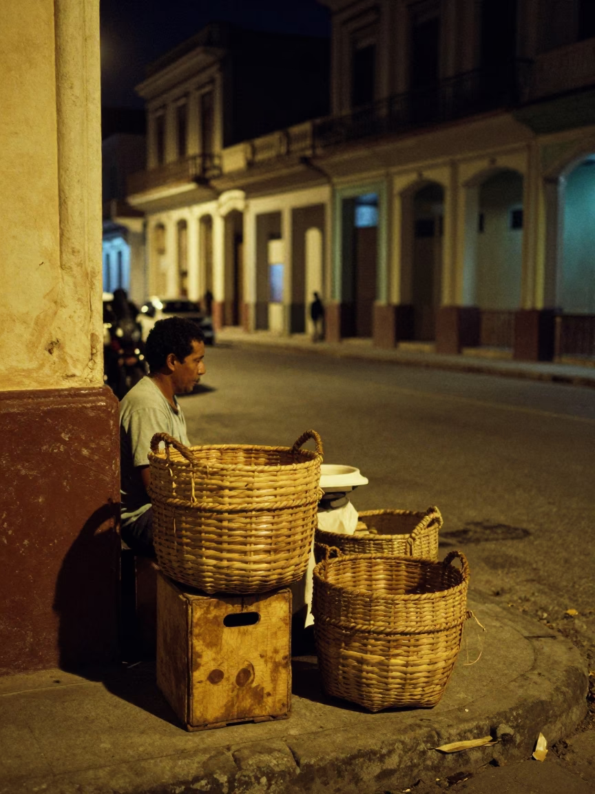 Late Night Havana Street Corner with Woven Baskets and Neon Signage in in Havana, Cuba