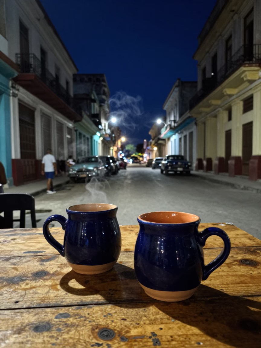 Late Night Havana Street Scene with Ceramic Mugs and Cat Under Deep Night Sky in in Havana, Cuba