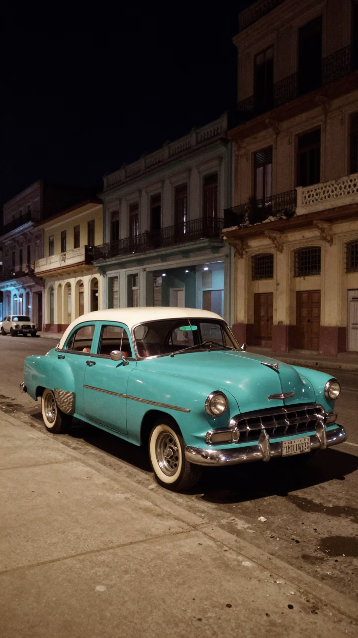 Late Night Havana Street Scene with Classic Car and Local Shopkeeper at Night in in Havana, Cuba