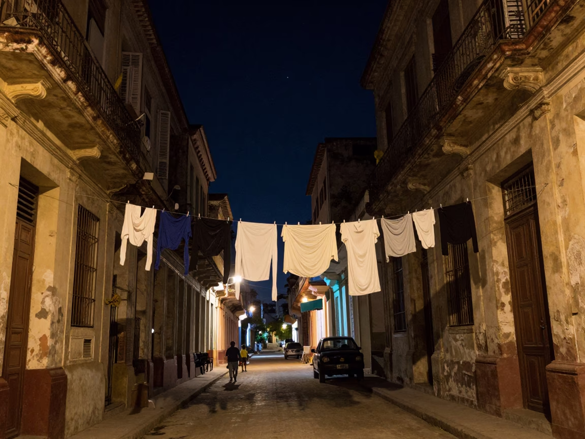 Late Night Havana Street Scene with Clothesline Under Starry Sky in in Havana, Cuba