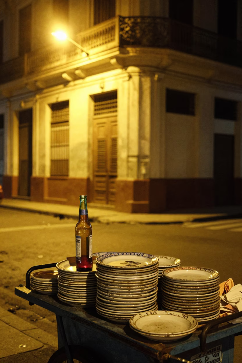 Late Night Havana Street Scene with Colored Glass Bottle and Spatula in in Havana, Cuba