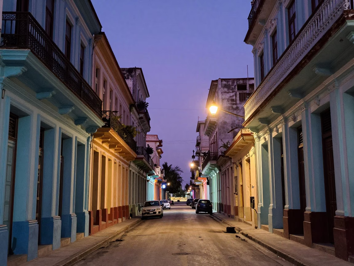 Late Night Havana Street Scene with Colorful Architecture and Local Life in in Havana, Cuba