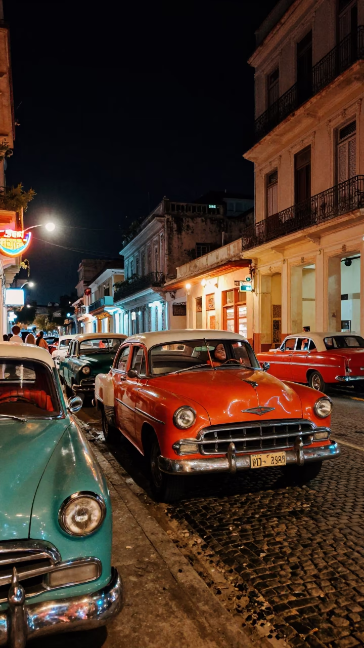 Late Night Havana Street Scene with Colorful Classic Cars and Neon Signs in in Havana, Cuba