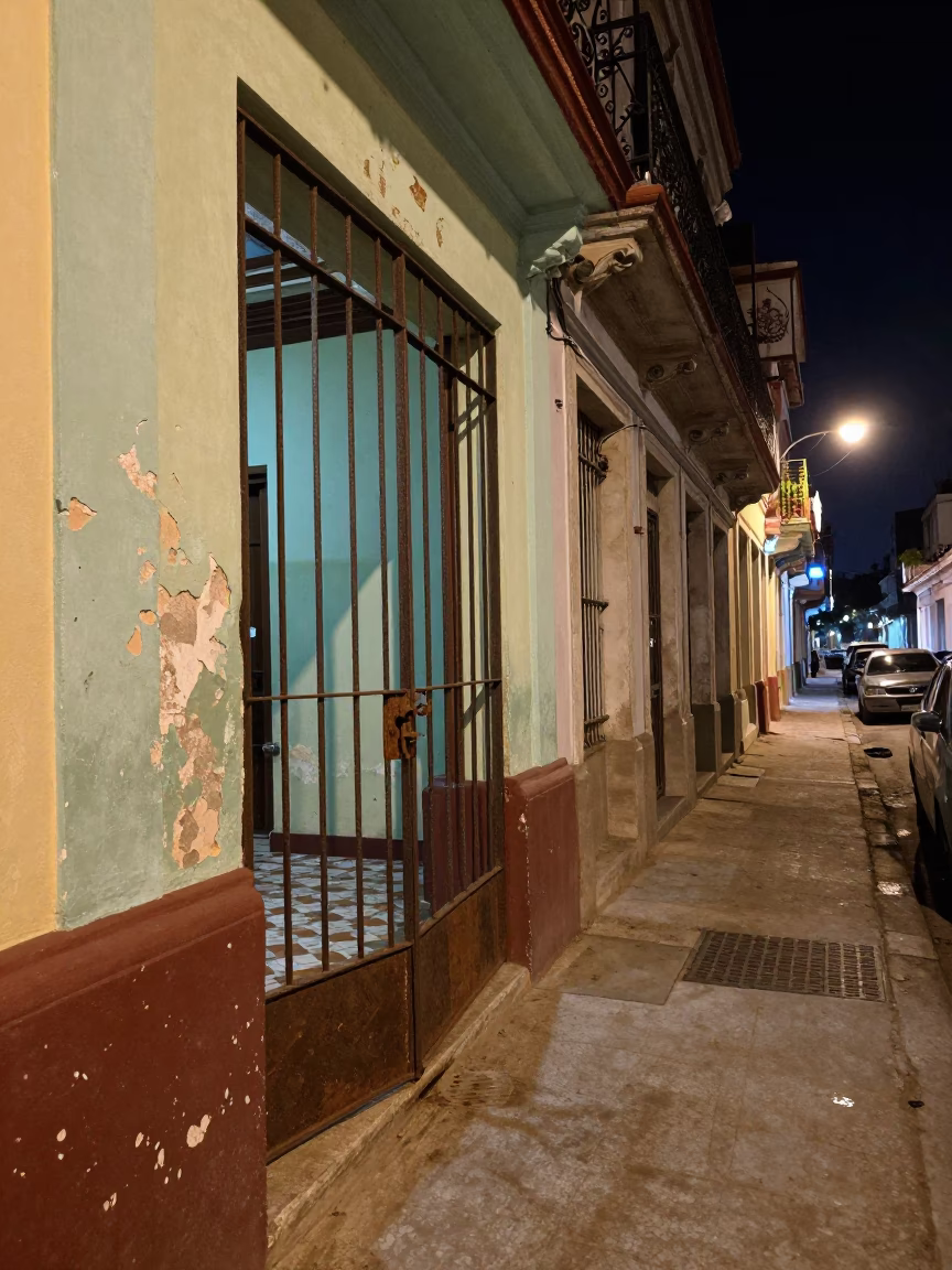 Late Night Havana Street Scene with Colorful Colonial Architecture and Local Life in in Havana, Cuba