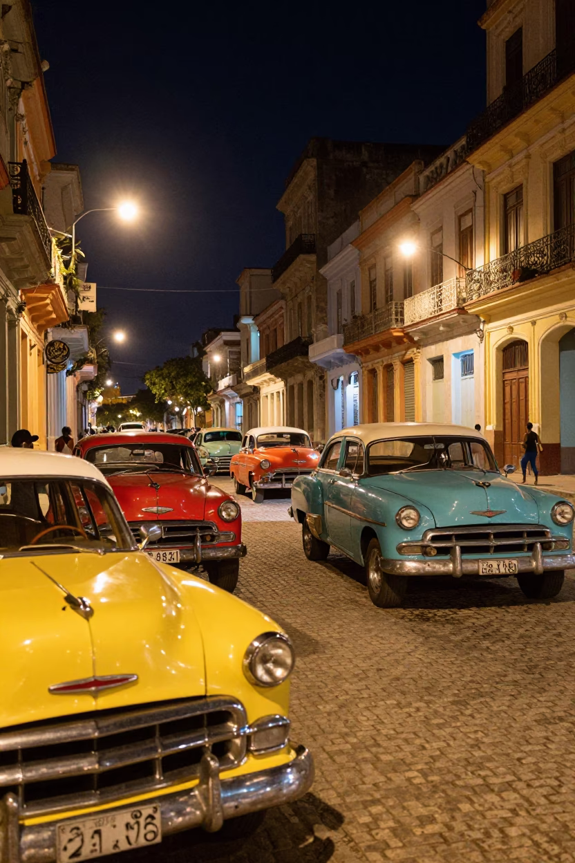 Late Night Havana Street Scene with Colorful Vintage Cars and Local Interactions in in Havana, Cuba