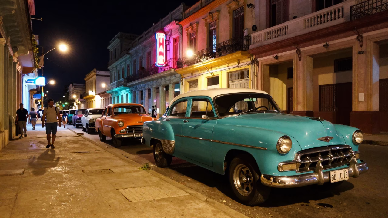 Late Night Havana Street Scene with Colorful Vintage Cars and Neon Signs in in Havana, Cuba