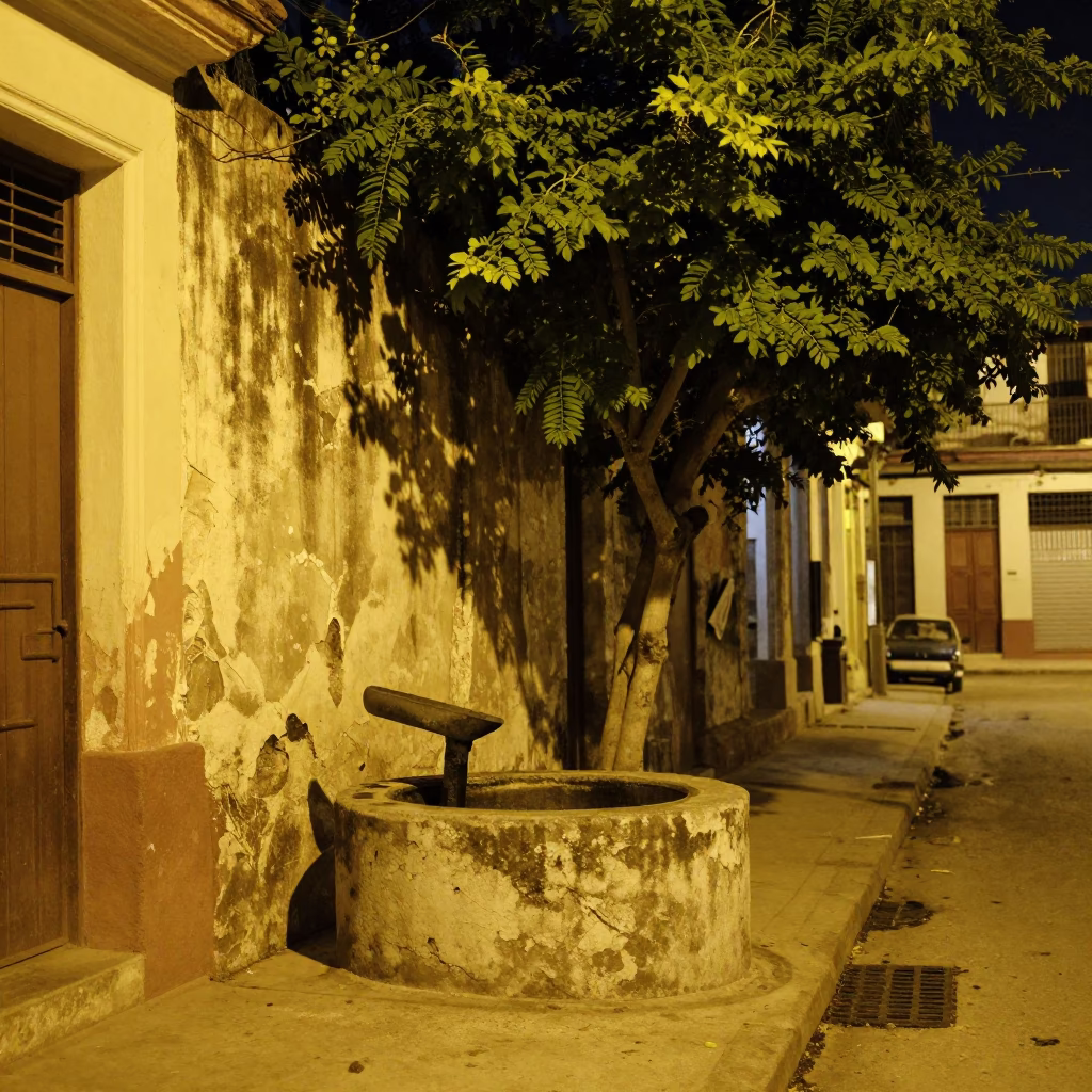 Late Night Havana Street Scene with Fig Tree and Soap Residue Basin in in Havana, Cuba
