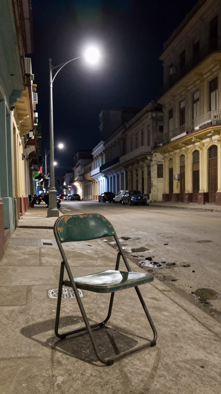 Late Night Havana Street Scene with Folding Chair and Succulents in in Havana, Cuba