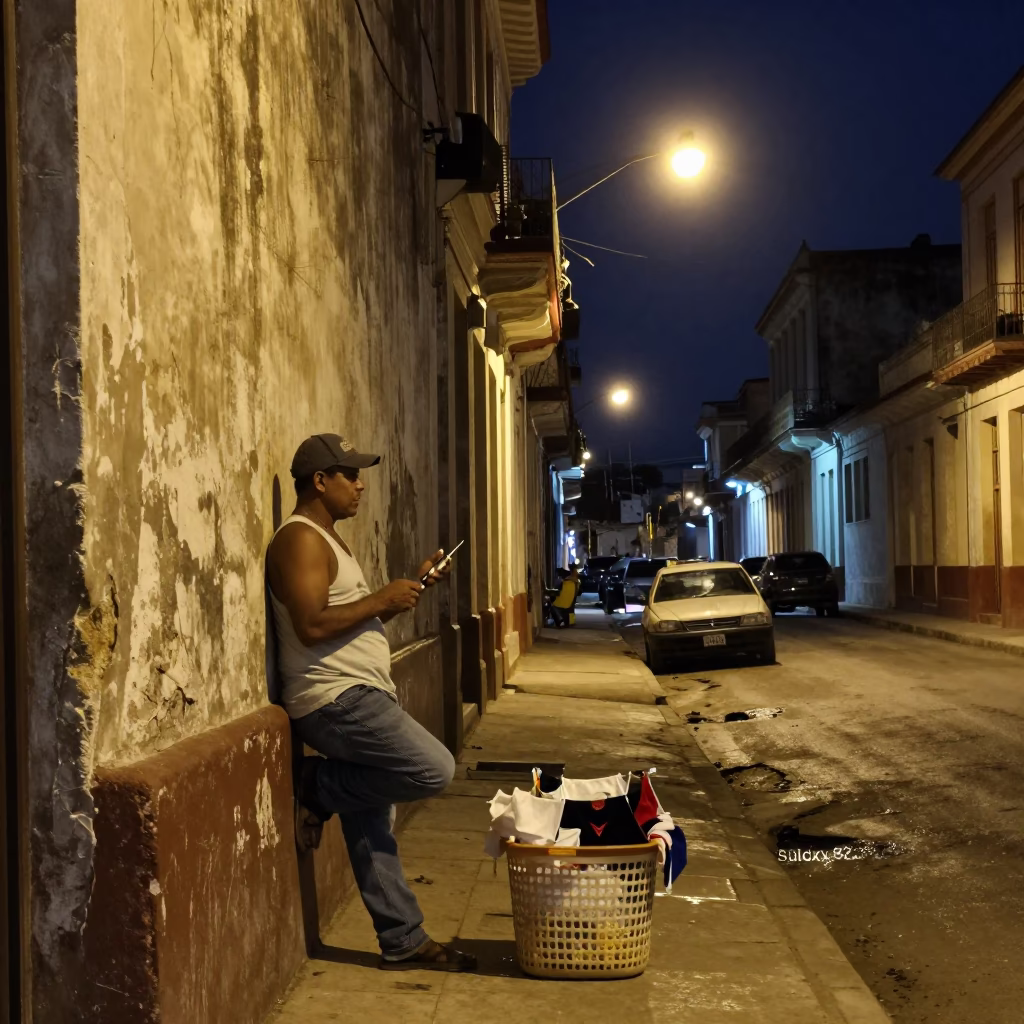 Late Night Havana Street Scene with Hand Tool and Laundry Basket in in Havana, Cuba