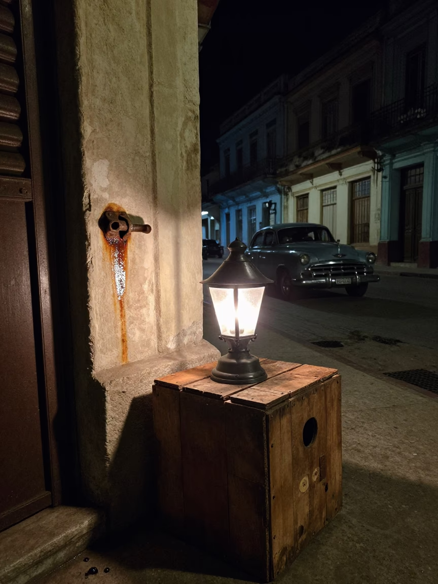 Late Night Havana Street Scene with Hurricane Lamp and Urban Decay in in Havana, Cuba